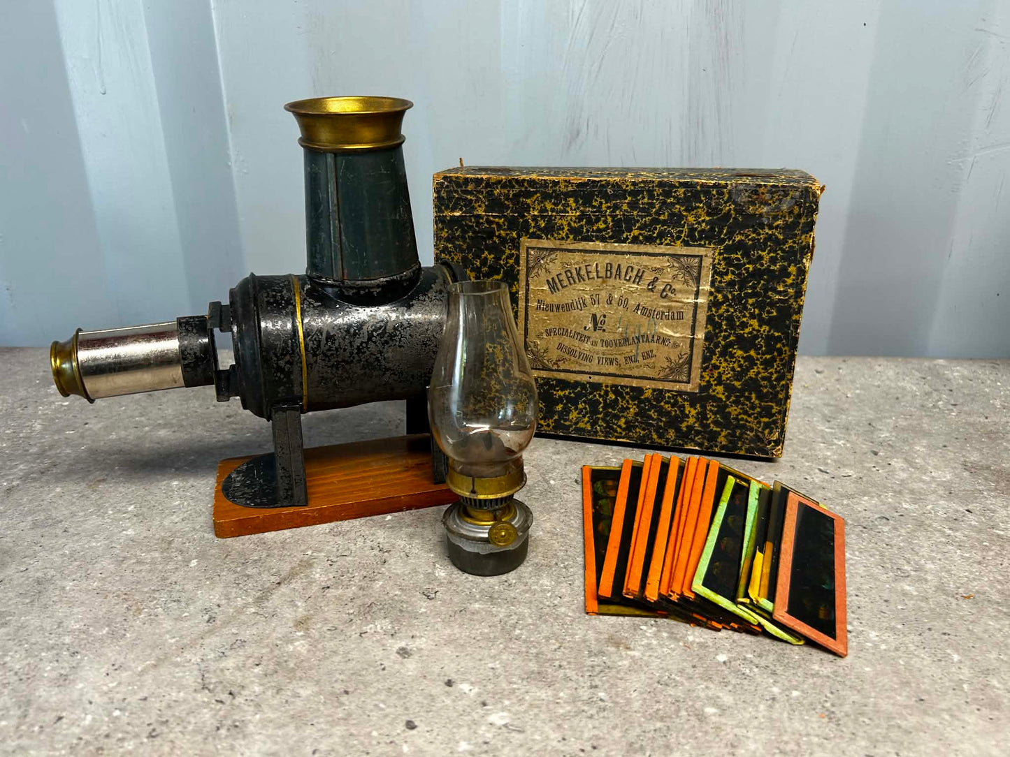 Merkelbach & Co. No. 490 Magic Lantern Projector w/ Box & Slides