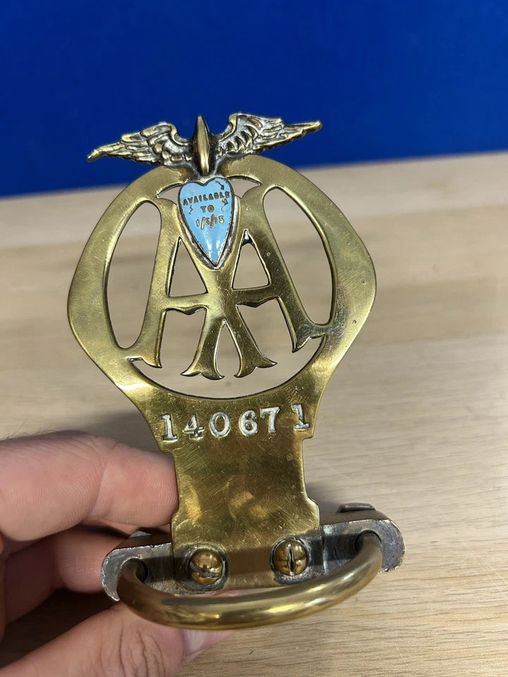 Vintage Original Brass AA ‘140671’ Blue Heart 1914/ 1915 Motorcycle Bonnet Badge